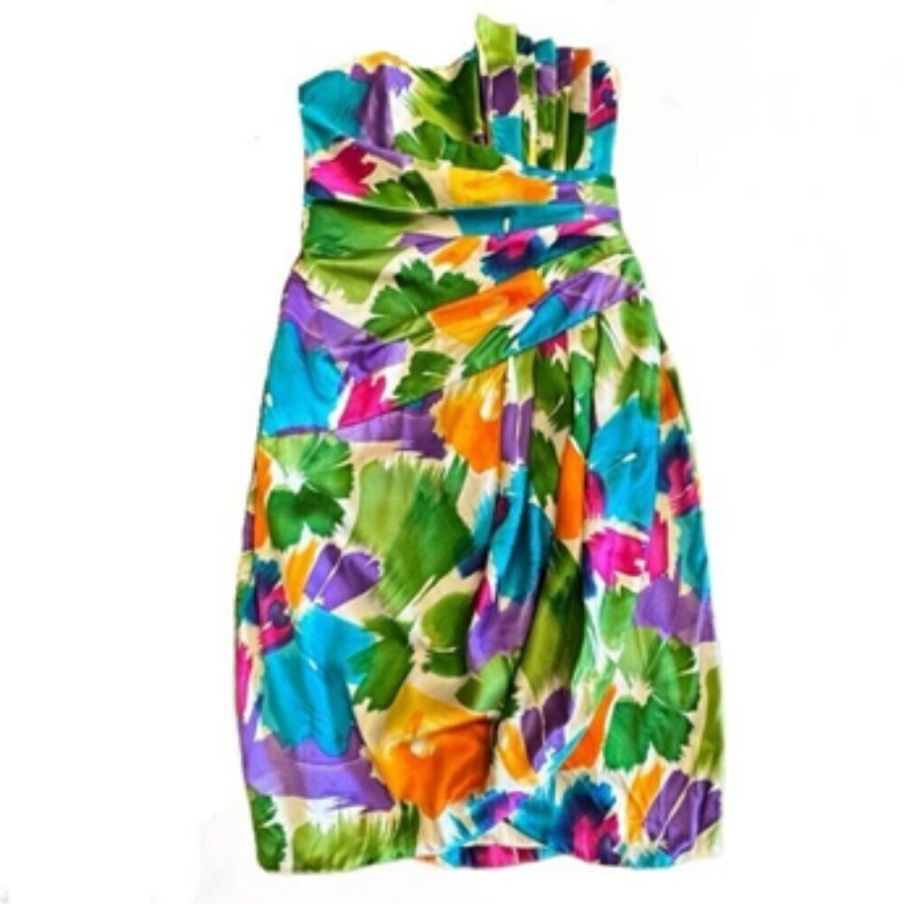 Vintage 80s A.J. Bari SILK Strapless Dress Sz 6 Multicolor Colorful Retro Party